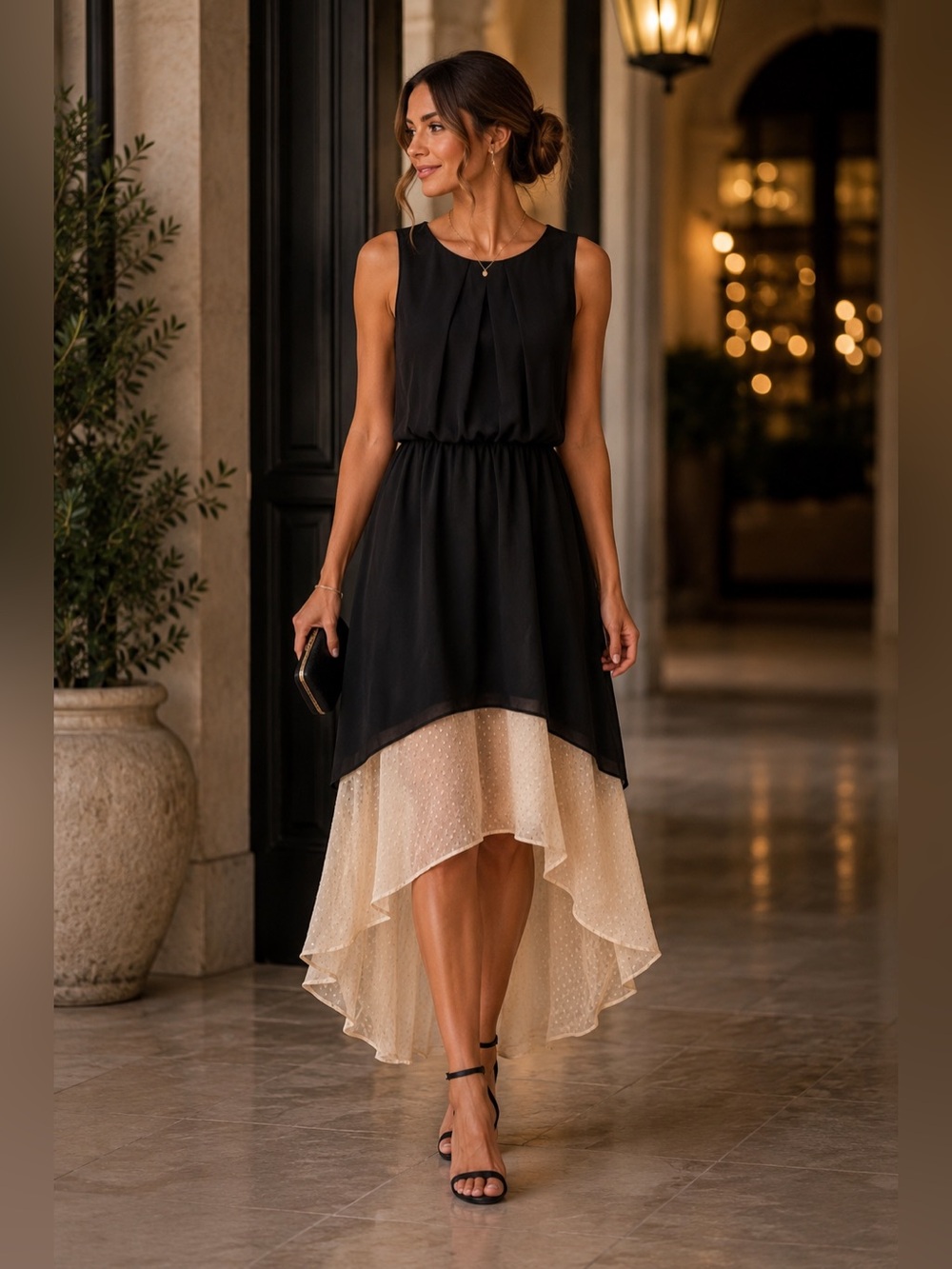 Black High Low Chiffon Dress Swiss Dot Hem Sleeveless Size L